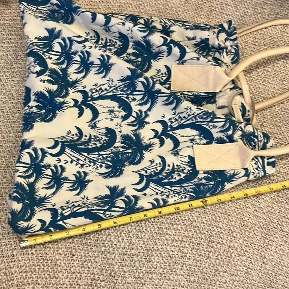 Tropical Blue White Canvas Hawaiian Print Leather Handles Drawstring Large Tote